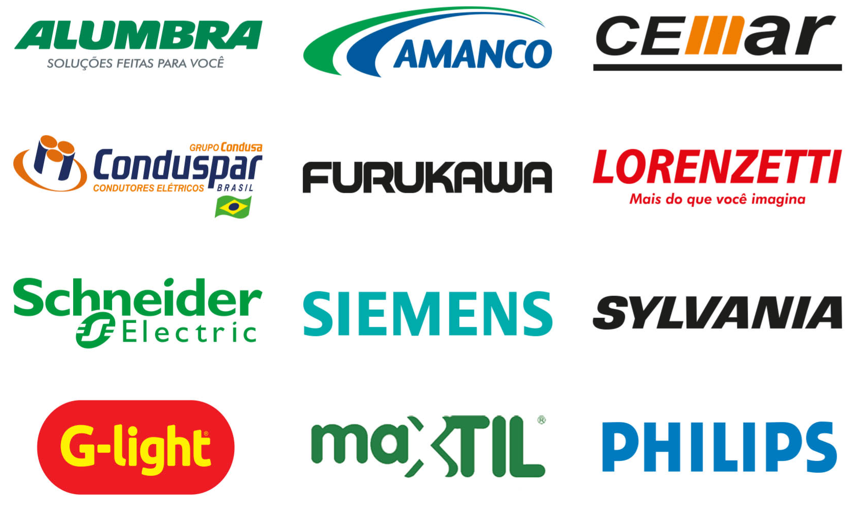 Logotipos das marcas Alumbra, Amanco, Cemar, Conduspar, Furukawa, Lorenzetti, Schneider Electric, Siemens, Sylvania, G-light, Maxtil e Philips